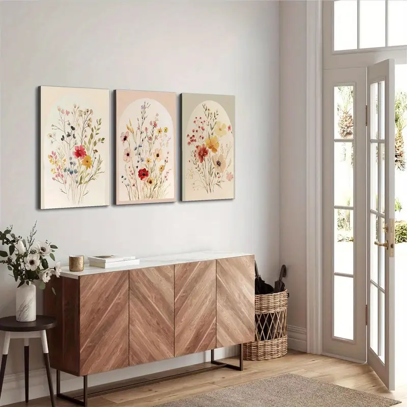 3pcs Wooden Framed Watercolor Flower Wall Art