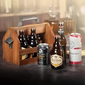 Vintage Wooden 6-Bottle Caddy with Bottle Opener
